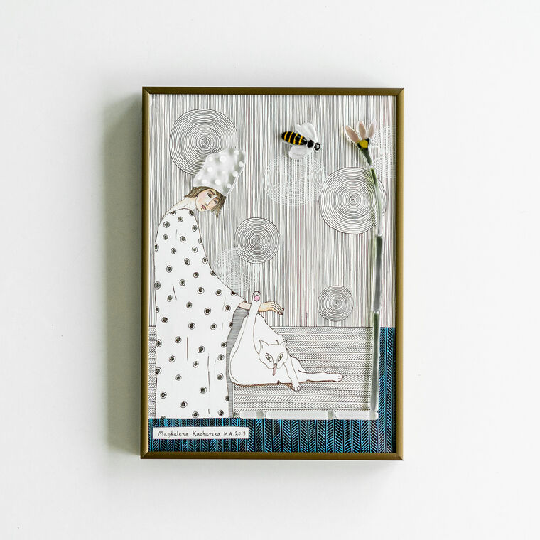 papier, szkło, metalowa rama anodowana brąz: Magdalena Kucharska-10-21x30cm-szkice szkłem rysowane-2019